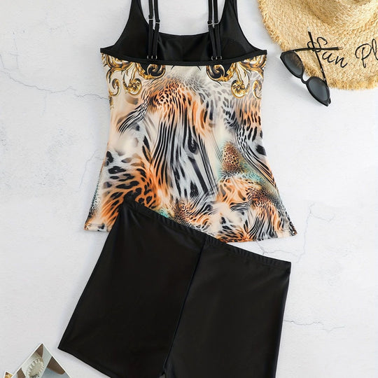 Damen Sportliches Tankini-Set mit modischem Animal-Print und Boxershorts EB