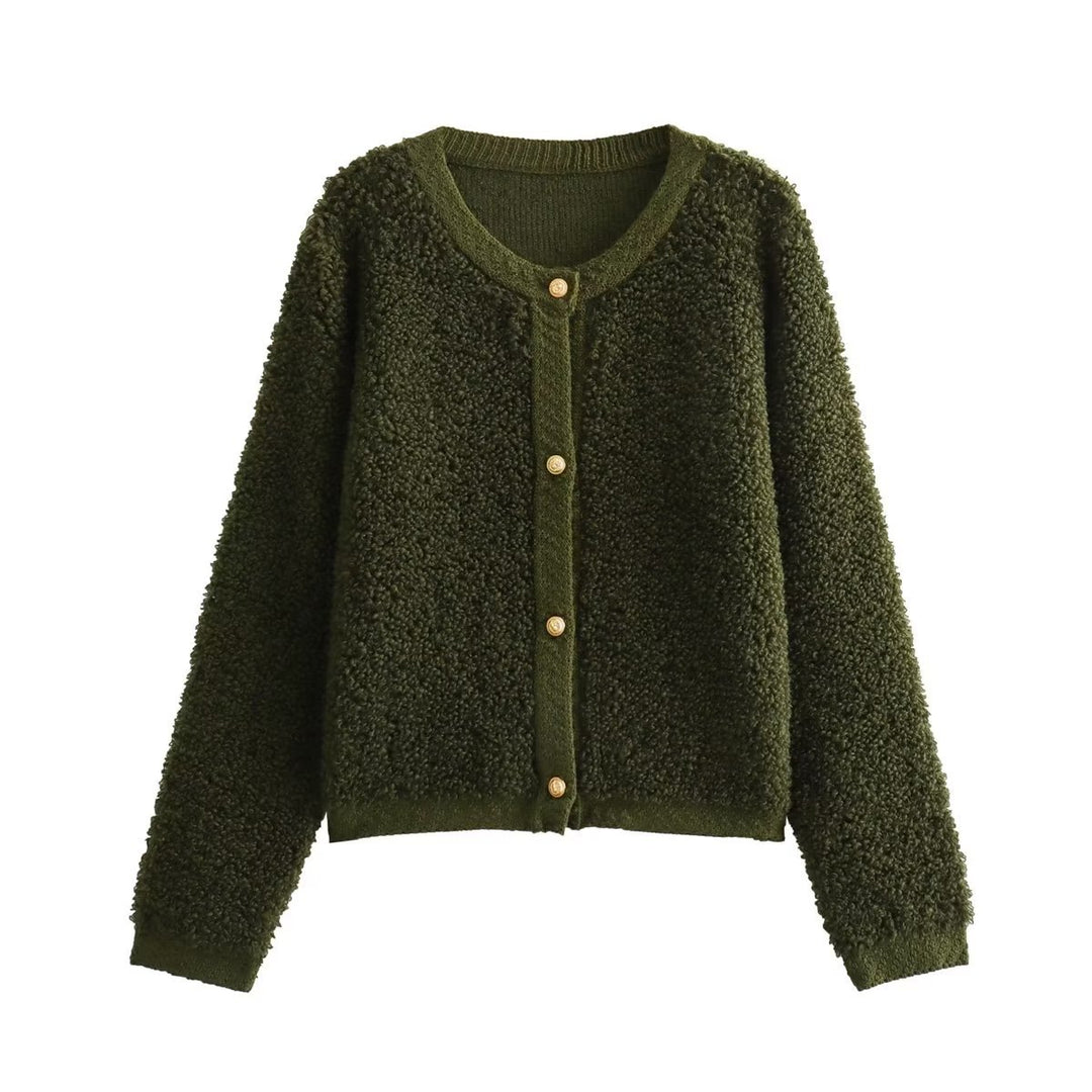 Damen kuschelige Fleecejacke mit dekorativen Holzknöpfen und eleganter Schnittführung EB