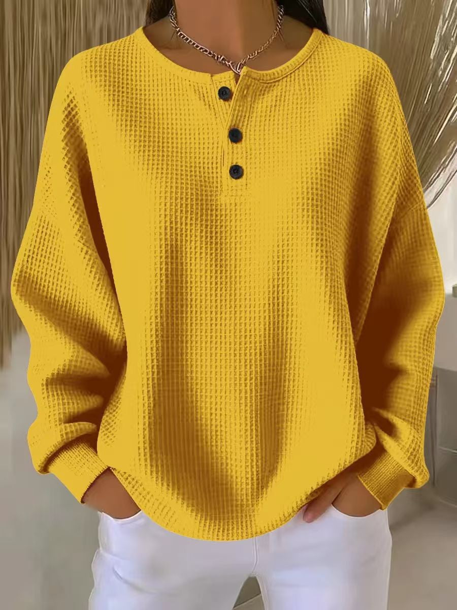 Damen nan Oversized Waffelstrick Henley-Pullover mit Knopfleiste und abgerundetem Saum EB
