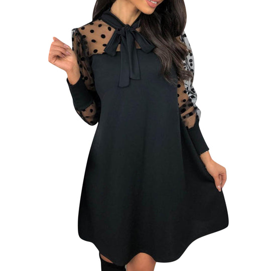 Damen Chiffonkleid mit eleganter Schleife und gepunktetem Design EB