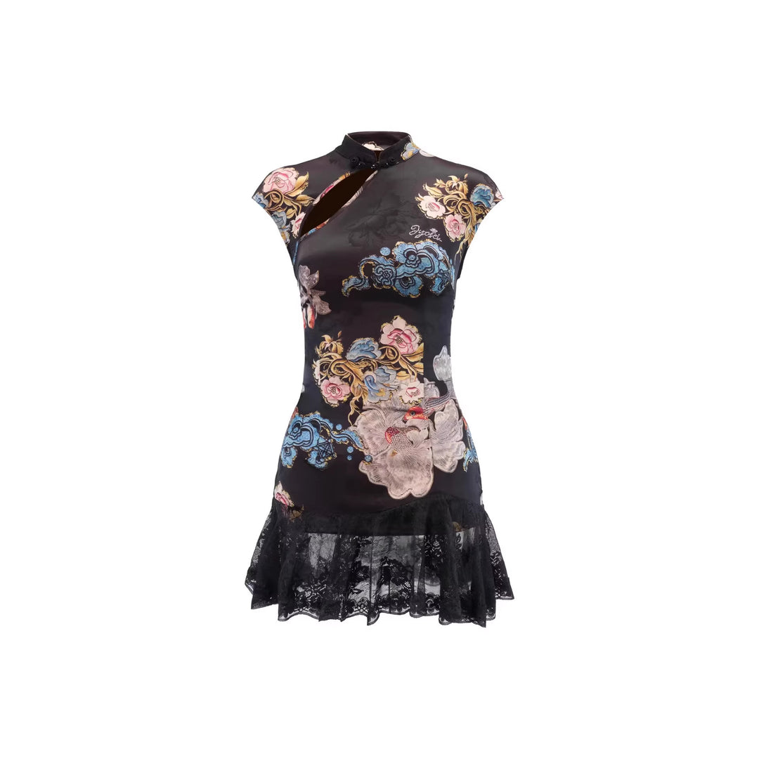 Damen Kurzärmliges Blumenkleid mit Spitzenunterrand EB