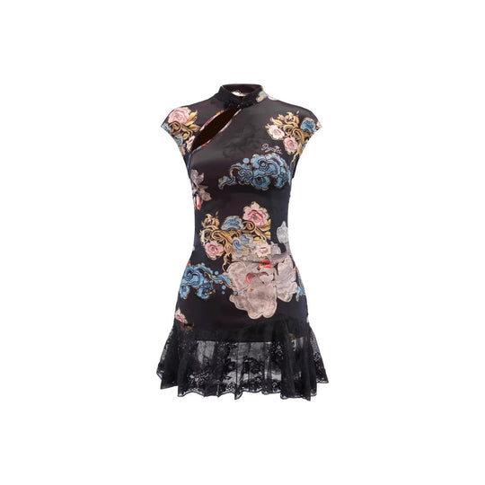 Damen Kurzärmliges Blumenkleid mit Spitzenunterrand EB