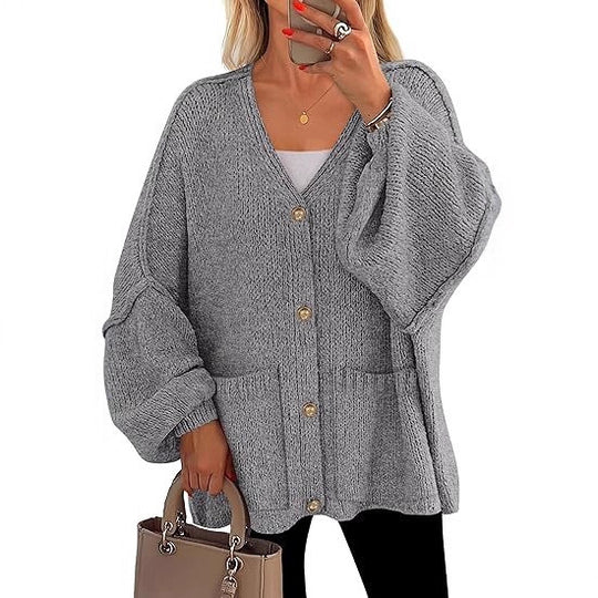 Damen Oversized Strickjacke mit Knöpfen und großen Taschen EB