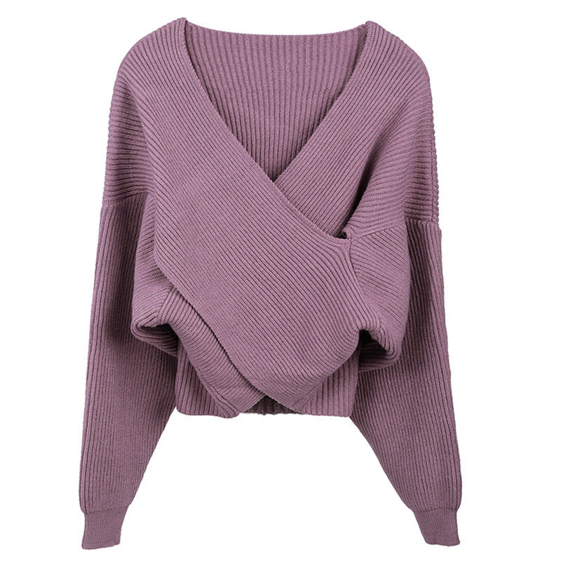 Damen modischer Oversized-Strickpullover mit Wickeldesign und strukturiertem Stoff EB