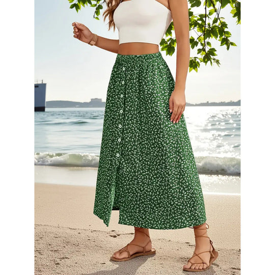 Damen Maxirock mit floralem Design und Knopfdetails EB
