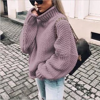 Damen Grobstrick Pullover mit Stehkragen und voluminösen Ärmeln EB