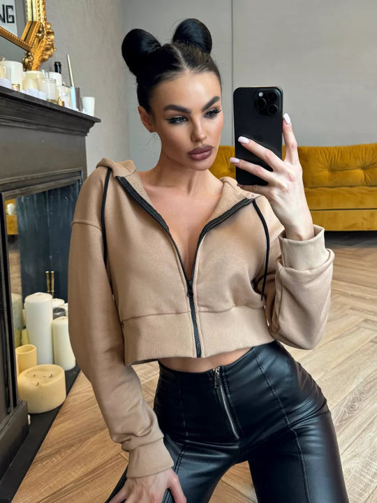Damen Cropped Kapuzenjacke mit kurzem Reißverschluss und breitem Rippbund EB