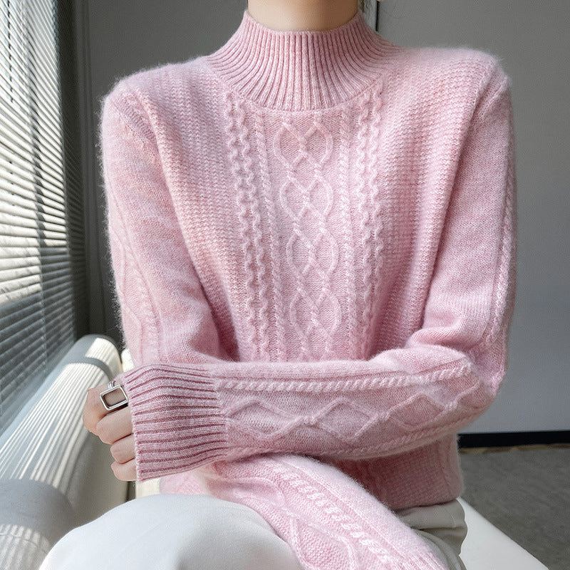 Damen Strickpullover mit elegantem Zopfmuster und hoch geschlossenem Kragen EB
