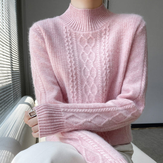 Damen Strickpullover mit elegantem Zopfmuster und hoch geschlossenem Kragen EB