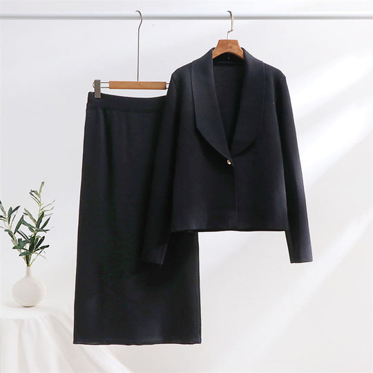 Damen elegantes Strickensemble mit Blazer und Midi-Rock EB