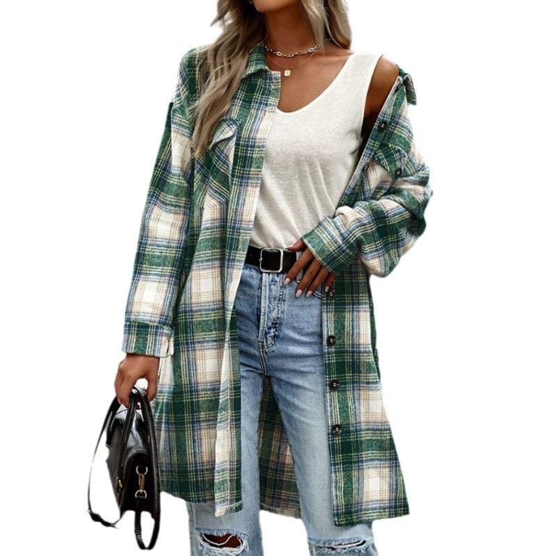 Damen Langarmhemdjacke im Karomuster mit großen Taschen EB