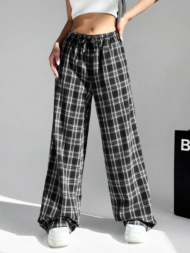 Damen weite Karo-Hose aus angenehmem Baumwollstoff mit Gummibund und seitlichen Taschen EB