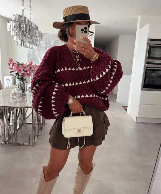 Damen Grobstrickpullover mit voluminösen Ärmeln und strukturiertem Muster EB