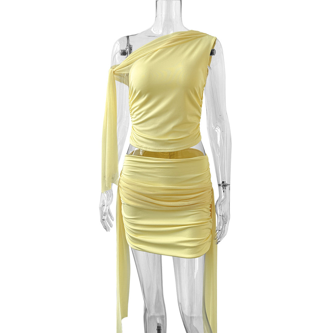 Damen Set aus schulterfreier Bluse und Mini-Rock mit Raffung EB