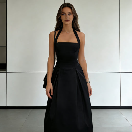 Damen Elegantes Midikleid mit tiefem V-Ausschnitt und stilvollem Faltenrock EB