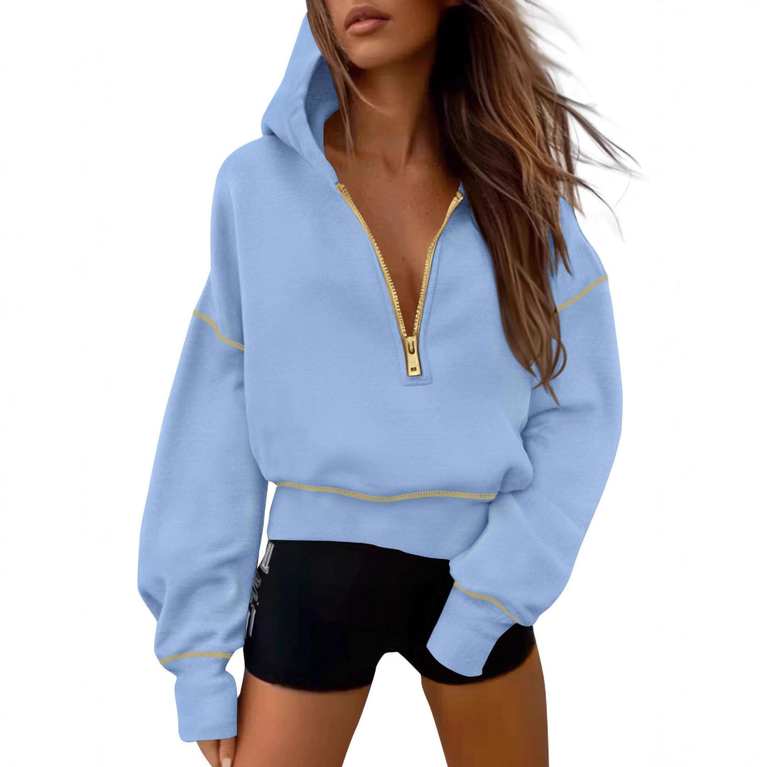 Damen nan cropped Kapuzenpullover mit halbem Reißverschluss und voluminösen Ballonärmeln EB