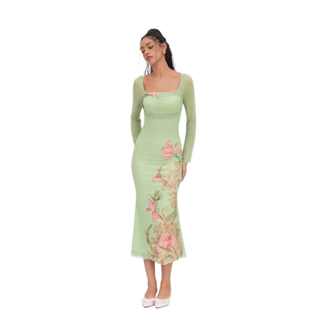 Damen elegantes Midikleid mit floralem Design und transparenten Longsleeves EB