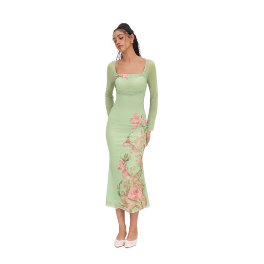 Damen elegantes Midikleid mit floralem Design und transparenten Longsleeves EB