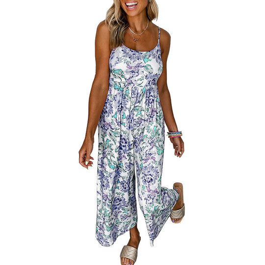 Damen luftiger Jumpsuit mit floralen Mustern und schmalen Trägern EB