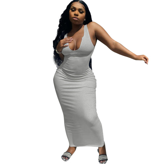 Damen Figurbetontes Maxikleid mit tiefem V-Ausschnitt und sportlichem Design EB