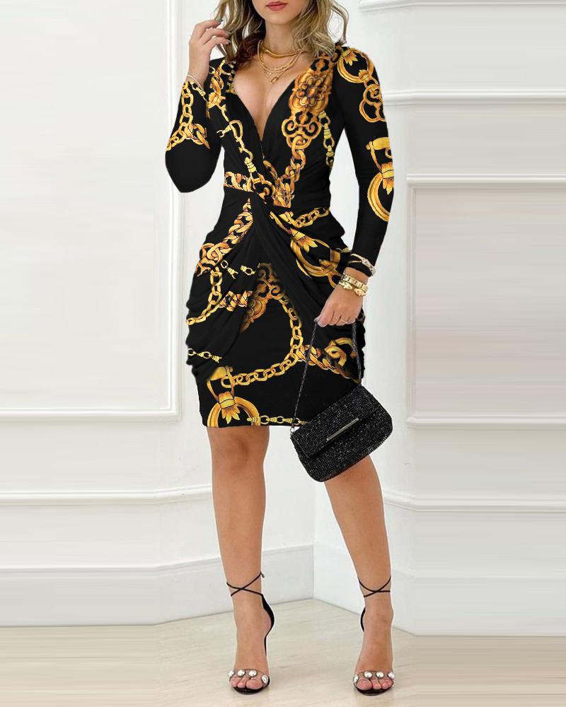 Damen Wickelkleid mit kunstvollem Kettenmuster und tiefem V-Ausschnitt EB