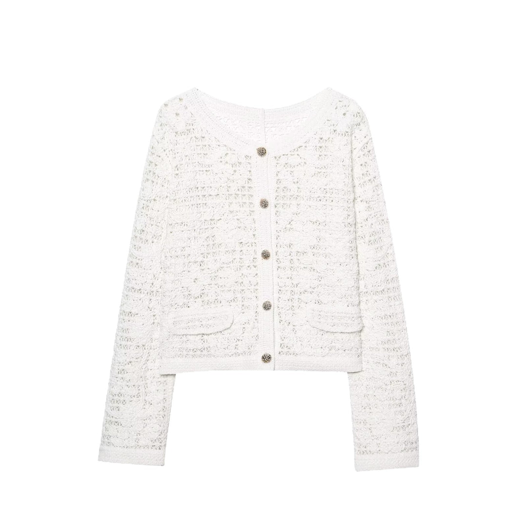 Damen Strickjacke mit feiner Häkelstruktur und praktischen Taschen EB