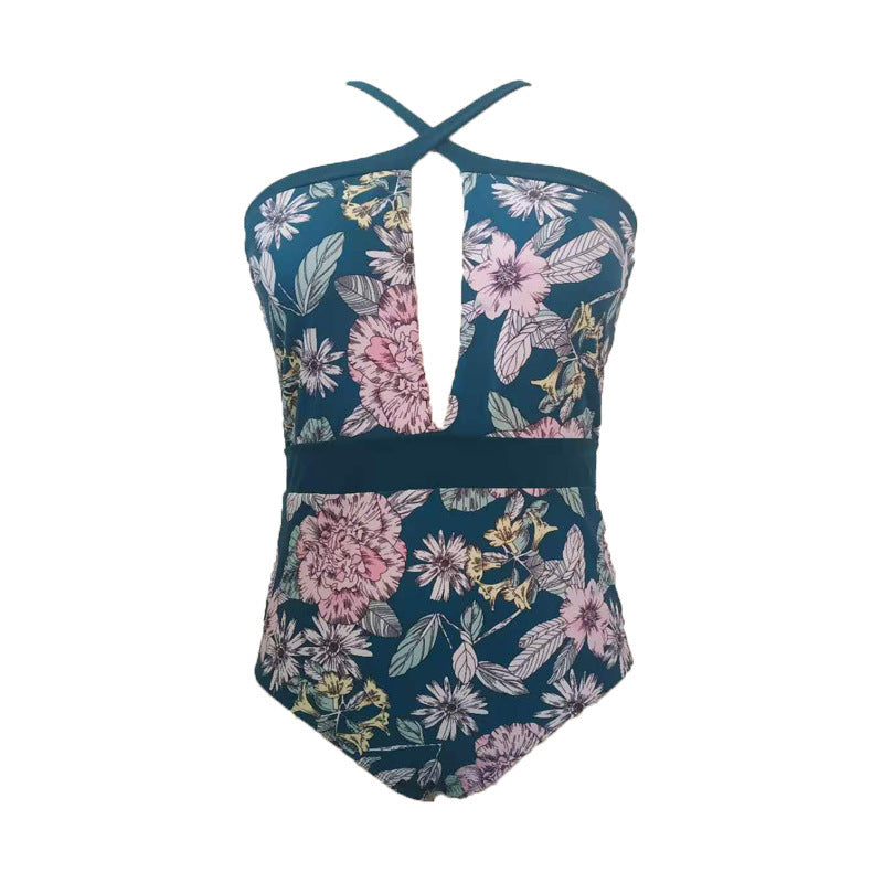 Damen Sportlicher Badeanzug mit tiefem V-Ausschnitt und floralem Design EB