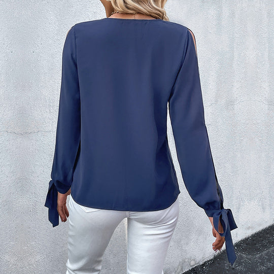 Damen elegante Bluse mit femininen Cut-Out-Ärmeln und Spitzenvorderseite EB