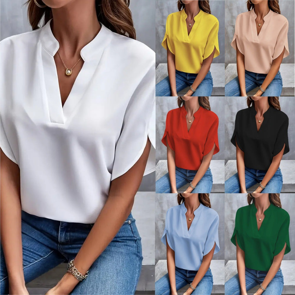 Damen Modische Bluse mit Stehkragen und fließenden Ärmeln EB
