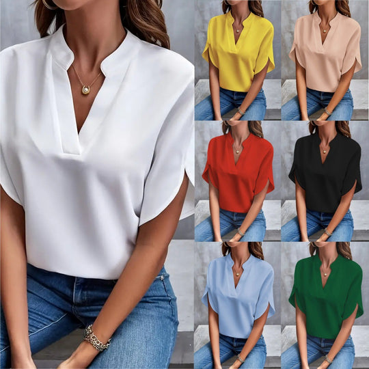 Damen Modische Bluse mit Stehkragen und fließenden Ärmeln EB