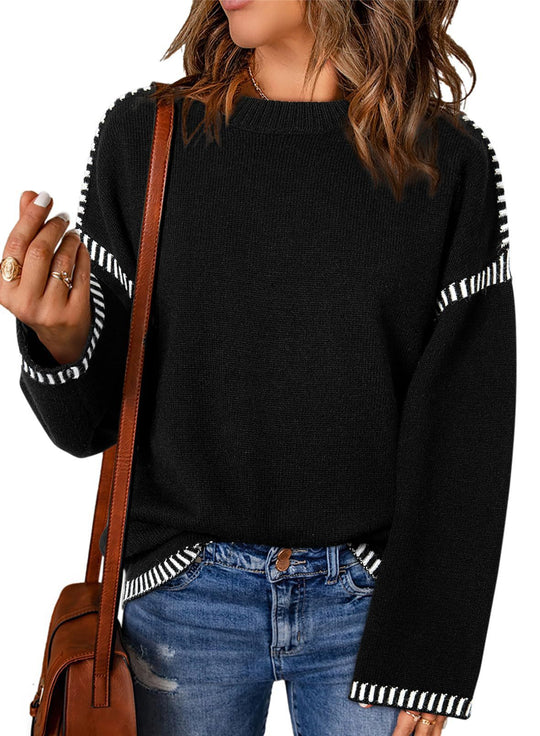 Damen modischer Pullover mit kontrastierenden Ärmelabschlüssen und legerem Schnitt EB