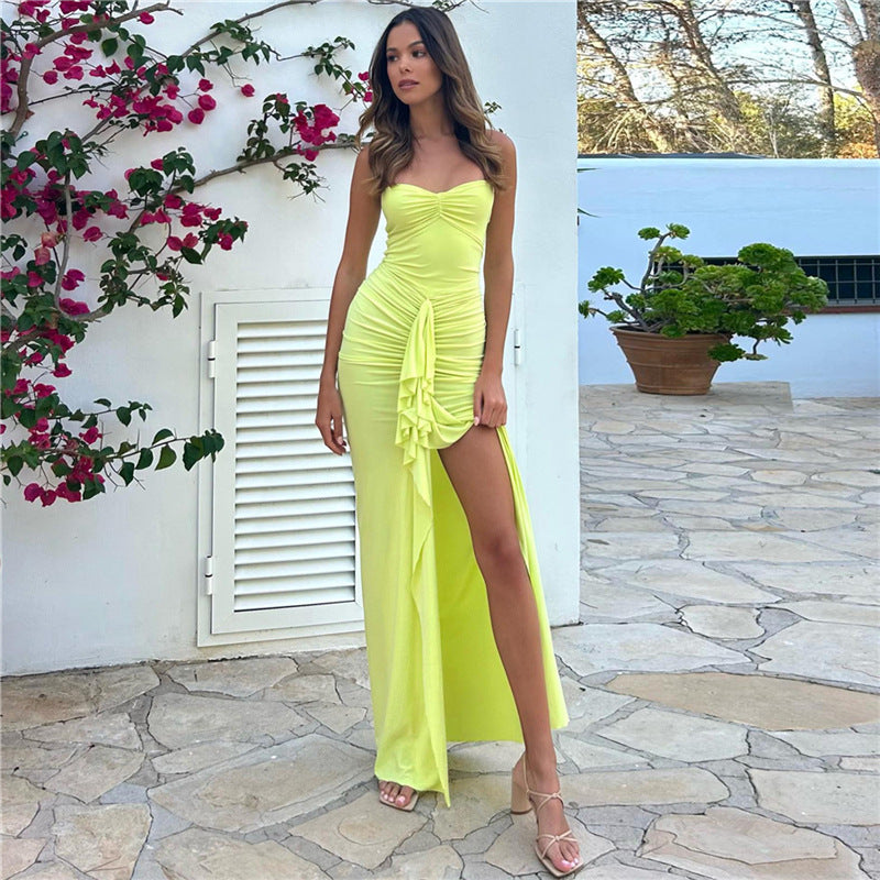 Damen Elegantes Maxikleid mit raffinierten Rüschendetails und Spaghettiträgern EB