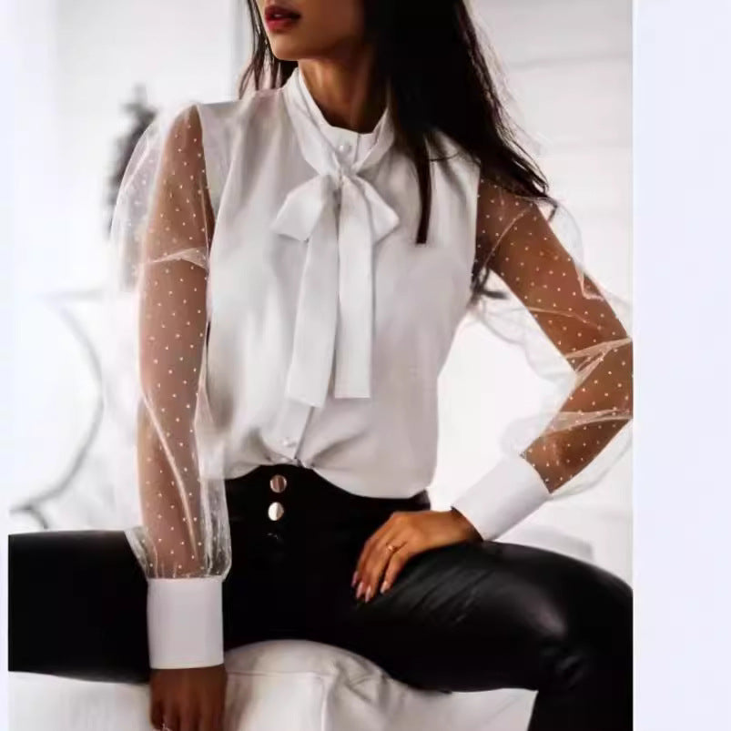 Damen Bluse mit transparenten Puffärmeln und filigranem Schleifen-Detail EB
