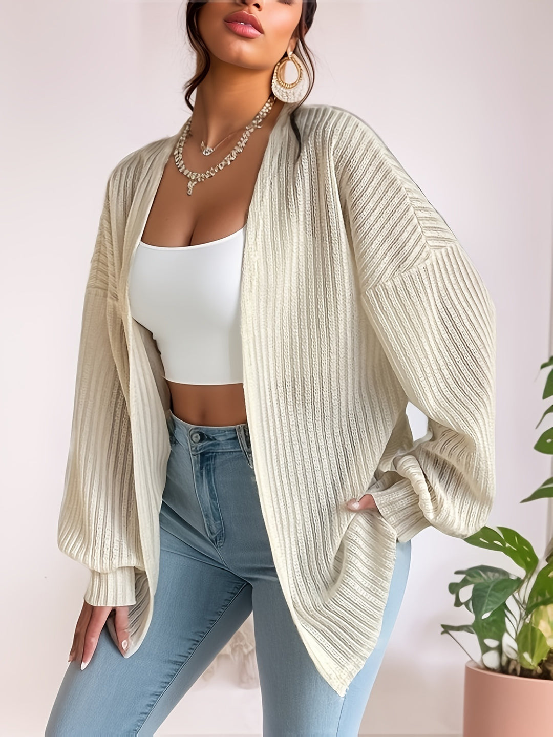 Damen Lässige Strickjacke mit weit geschnittenen Ärmeln und Rippenstruktur EB