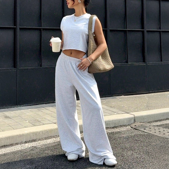 Damen lässiges Crop-Top und weite Freizeithosen Set EB