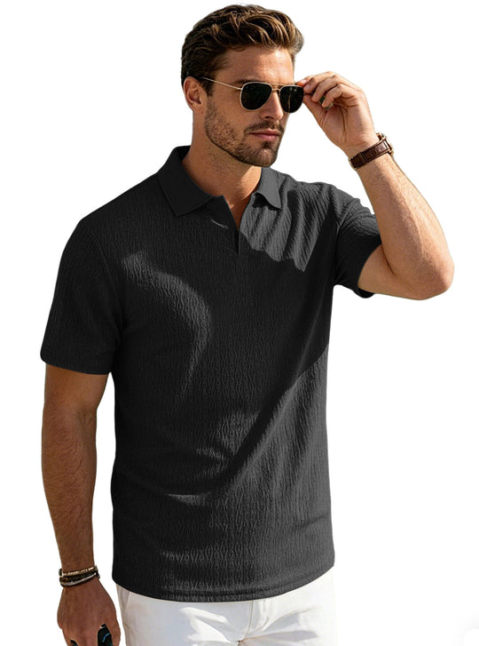 Herren nan elegantes Kurzarm-Polo aus strukturierter Micro-Jacquard-Baumwollmischung mit formstabilem Hemdkragen EB