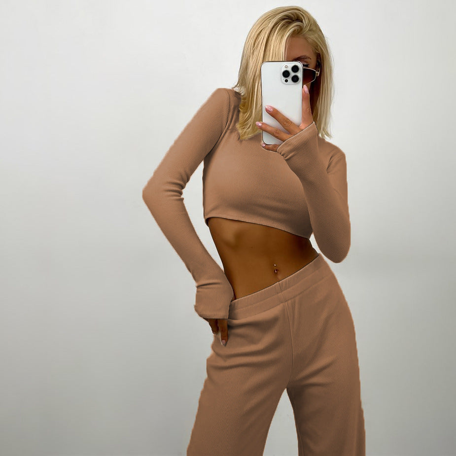 Damen nan geripptes Cropped-Longsleeve mit weiter High-Waist-Loungehose Set EB