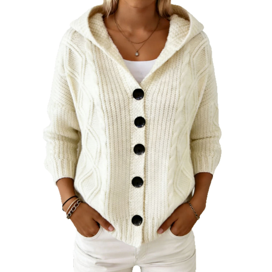 Damen Kapuzen-Cardigan aus grobem Zopfstrick mit Knopfverschluss EB