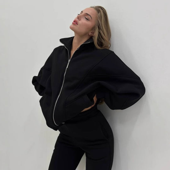 Damen Oversize-Halbzip-Sweatjacke mit sculptender High-Waist-Jogginghose aus schwerem French-Terry Eichborn Berlin
