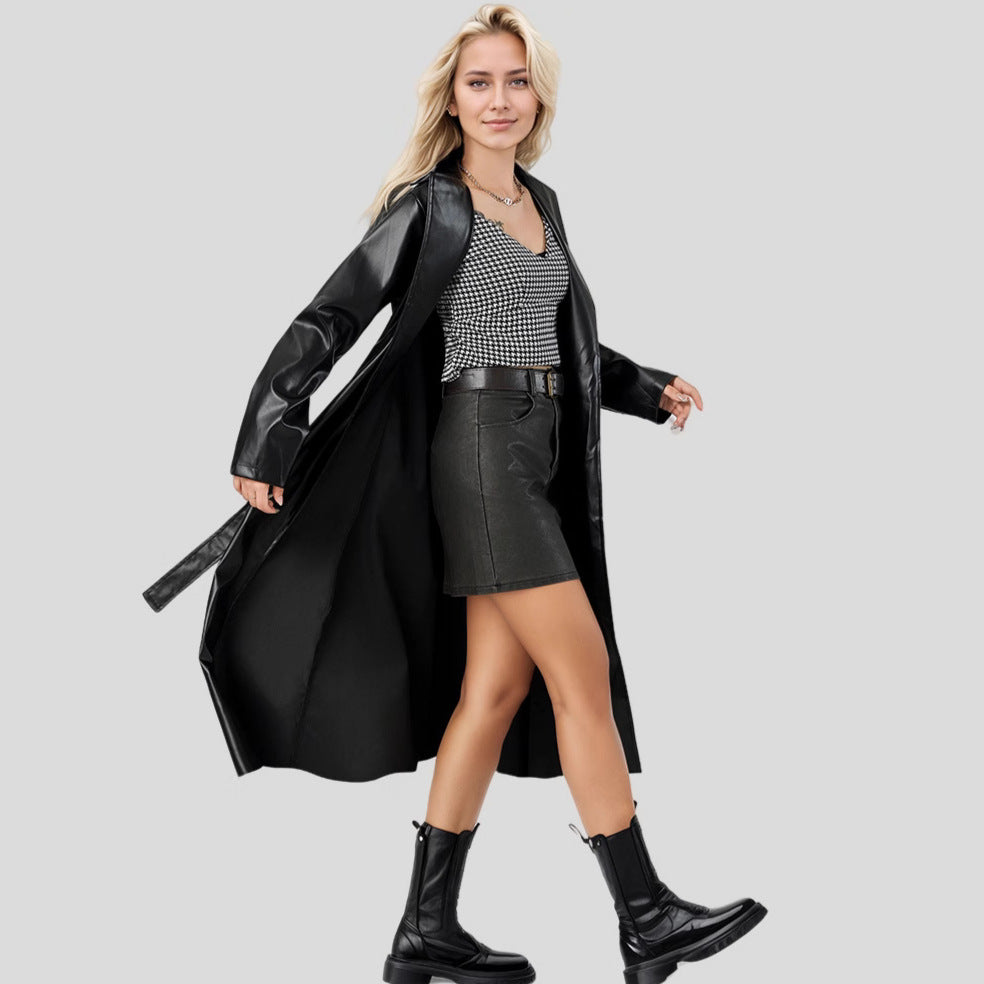 Damen Eleganter Kunstleder-Trenchcoat EB