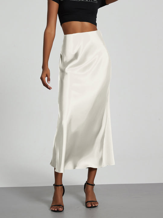 Damen Stilvolle Satin-Stretchrock mit hohem Bund und fließendem Schnitt EB
