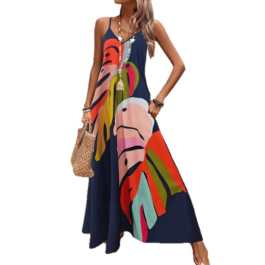 Damen Maxi Kleid mit buntem Pflanzenmuster EB