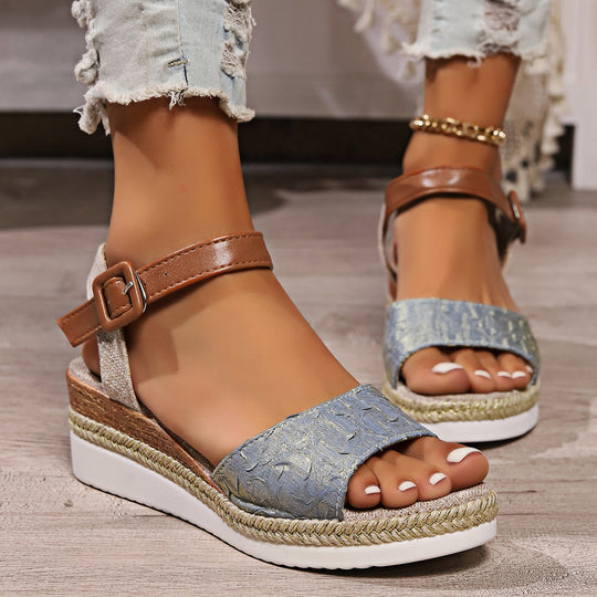 Damen Wedge-Sandalen mit verstellbarem Riemen und trendigem Bast-Detail EB