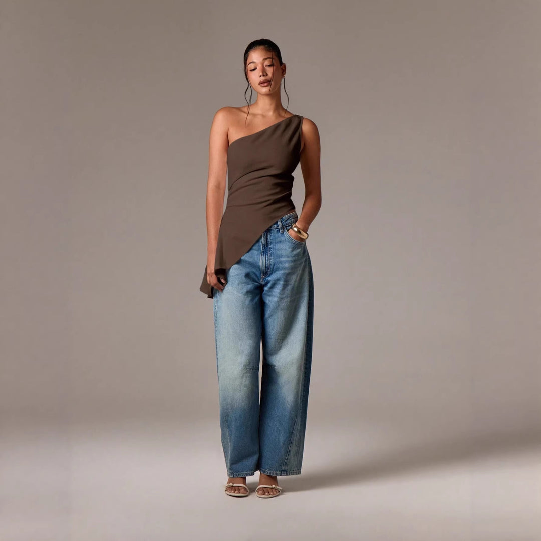 Damen asymmetrisches Oberteil mit gestuftem Saum und elegantem Fließdesign EB