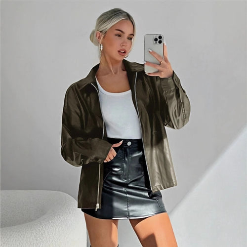 Damen leichtgewichtige Kunstlederjacke mit modernem Reißverschluss EB