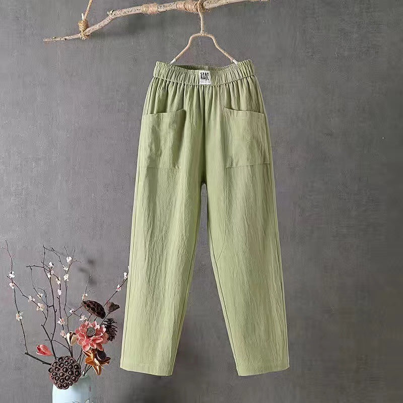 Damen nan lässige Leinenmix-Hose mit elastischem Bund, geradem Bein und großen aufgesetzten Taschen EB