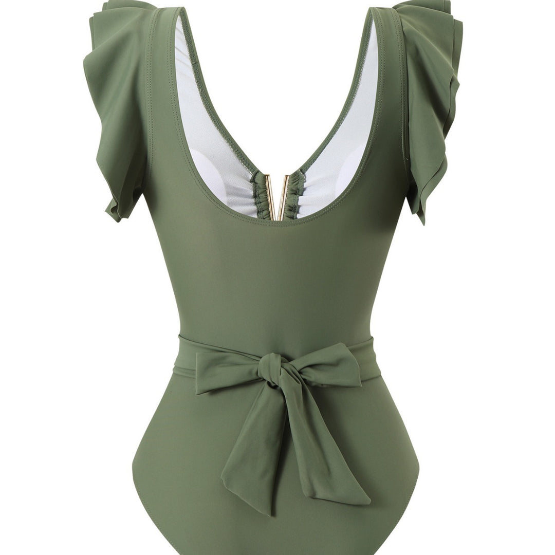 Damen Eleganter Einteiler Badeanzug mit Rüschen und Bindegürtel EB