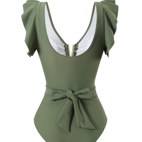 Damen Eleganter Einteiler Badeanzug mit Rüschen und Bindegürtel EB