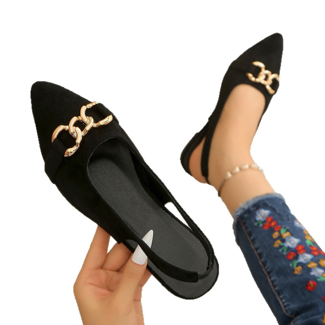 Damen Ballerinas mit Fersenriemen, spitzer Kappe und goldener Kettenverzierung EB