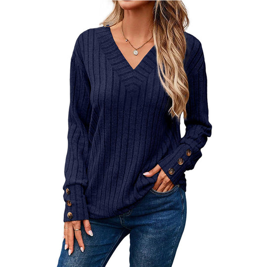 Damen V-Ausschnitt Pullover mit dekorativem Streifenmuster und Knopfdetails EB